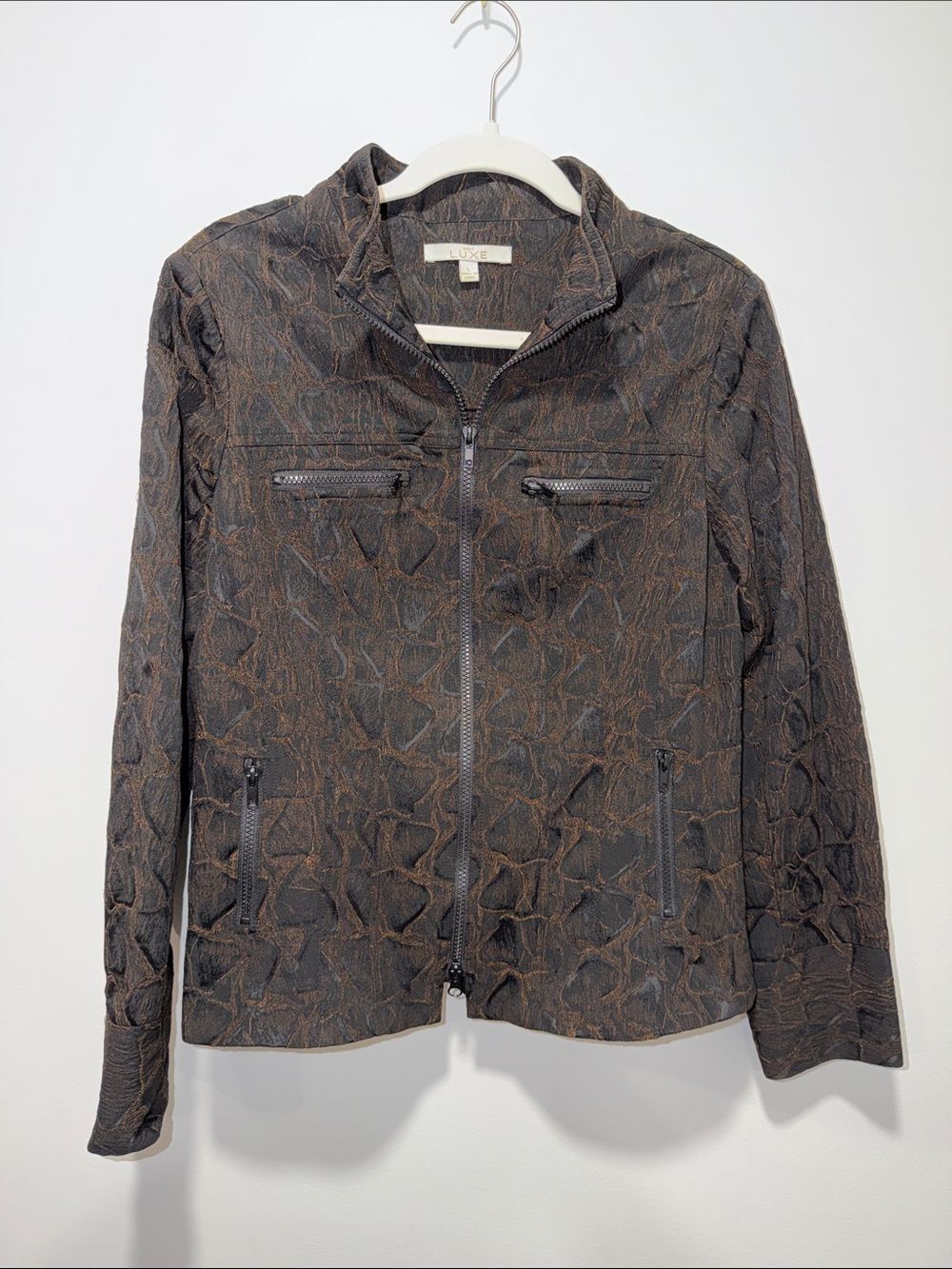 CACHE L LUXE Brown Rust Burnt Orange Pebbled Texture Stretch Full Zip Jacket